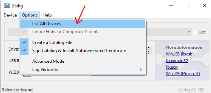 Zadig - List All Devices