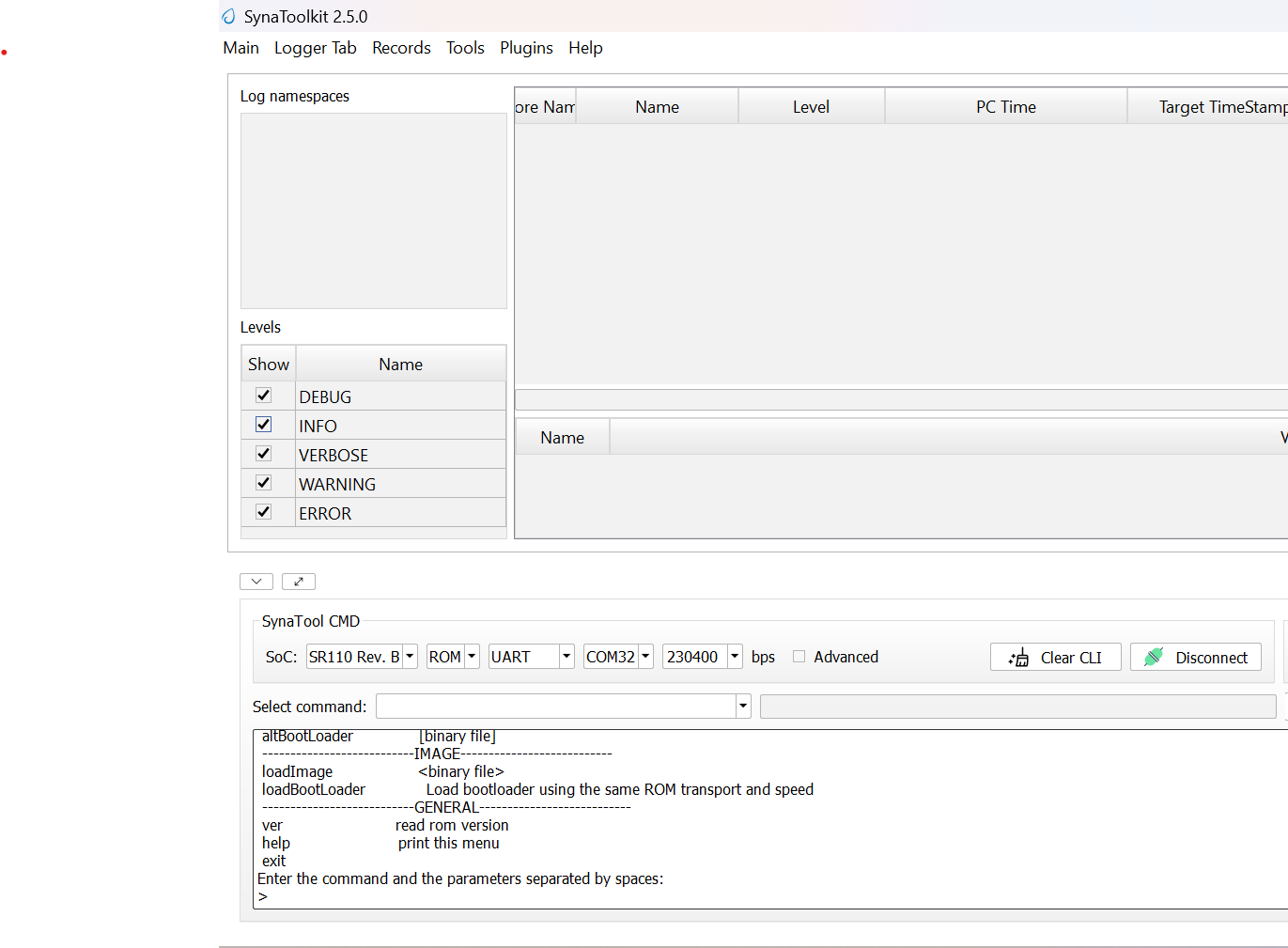 SynaToolKit ROM connection