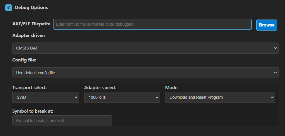 Debug Options Panel