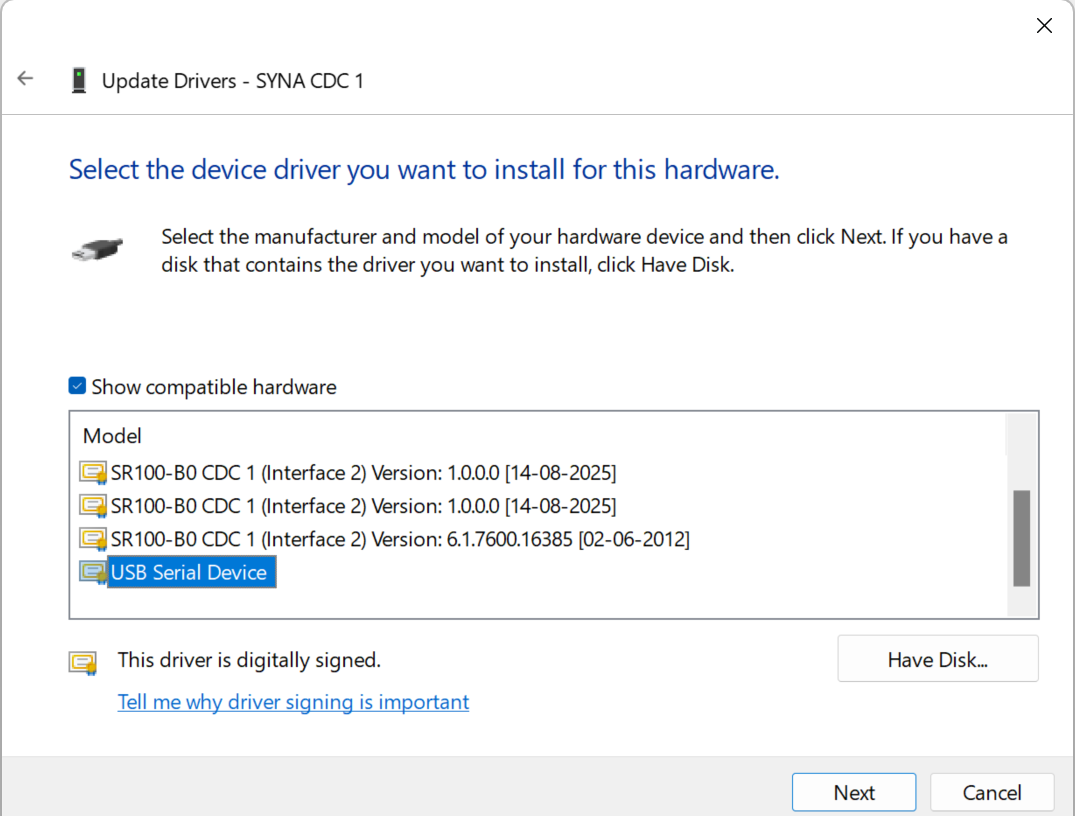 Select USB Serial Device from the available drivers