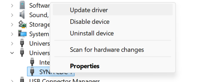 Right click SYNA CDC 1 and select Update driver
